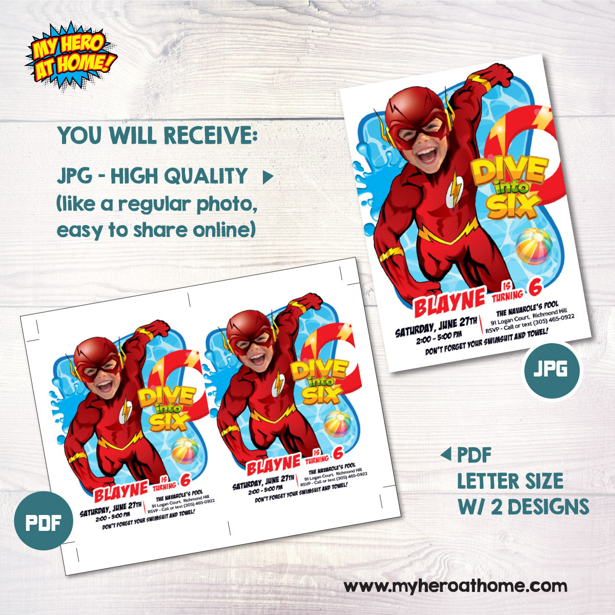 Flash Dive into Age Pool Party Invitation Design with kid as Flash, Flash Diving Party. 2443IN2