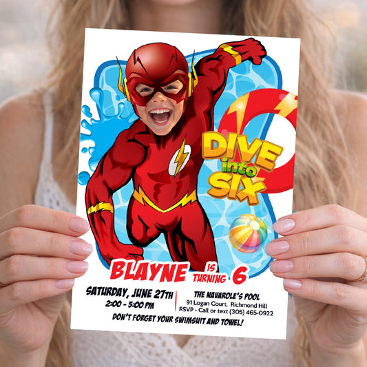 Flash Dive into Age Pool Party Invitation Design with kid as Flash, Flash Diving Party. 2443IN2