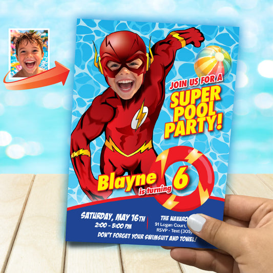 Custom Flash Pool Party birthday Invitation with kid as Flash, Flash Splash invitation. 2443IN