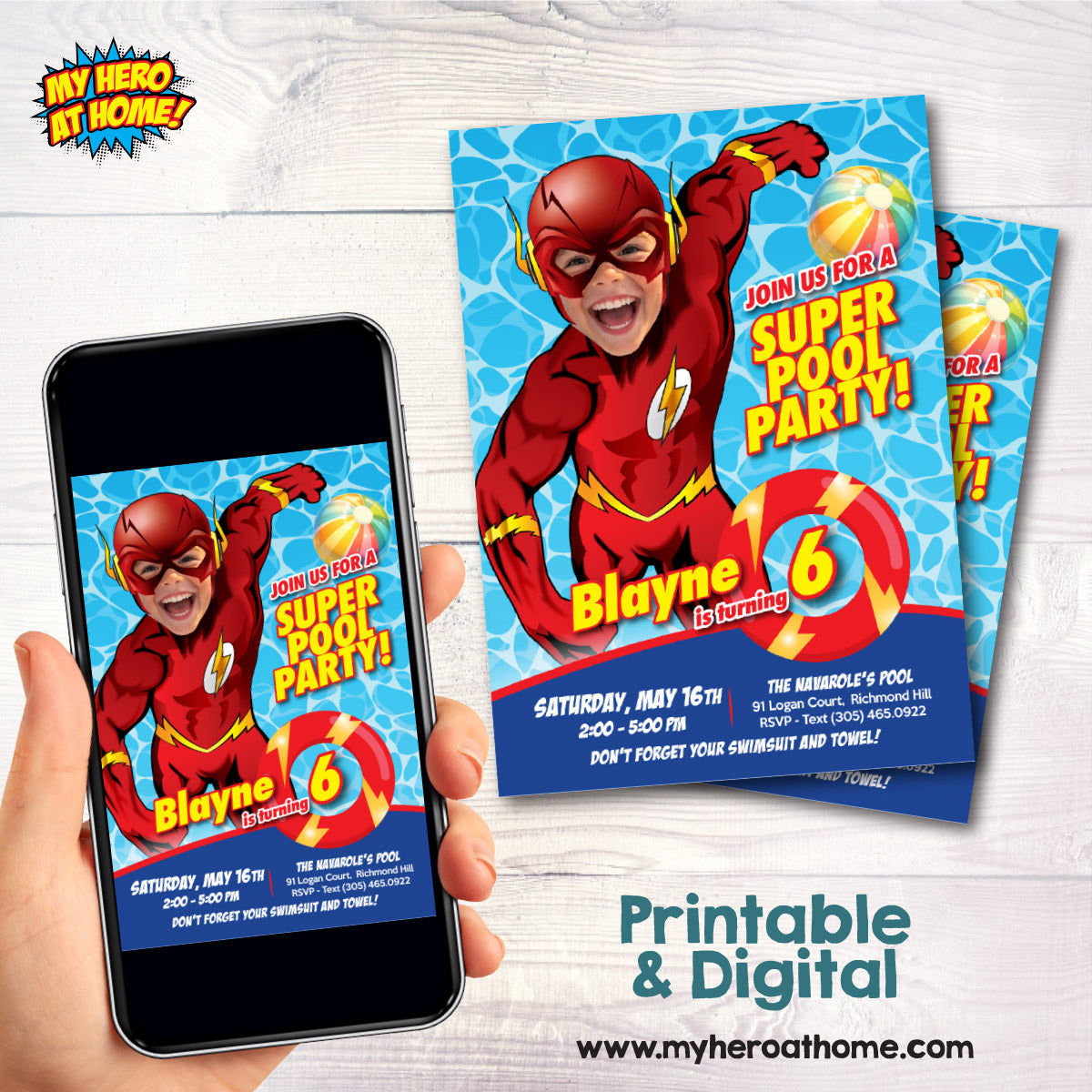 Custom Flash Pool Party birthday Invitation with kid as Flash, Flash Splash invitation. 2443IN