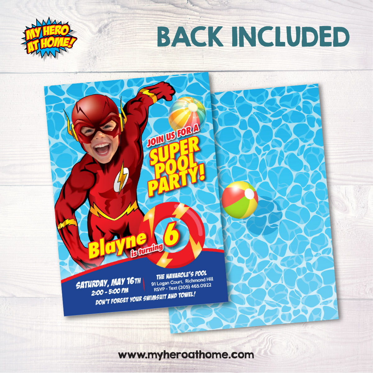 Custom Flash Pool Party birthday Invitation with kid as Flash, Flash Splash invitation. 2443IN