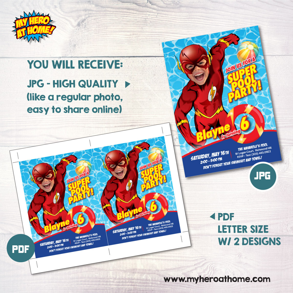 Custom Flash Pool Party birthday Invitation with kid as Flash, Flash Splash invitation. 2443IN