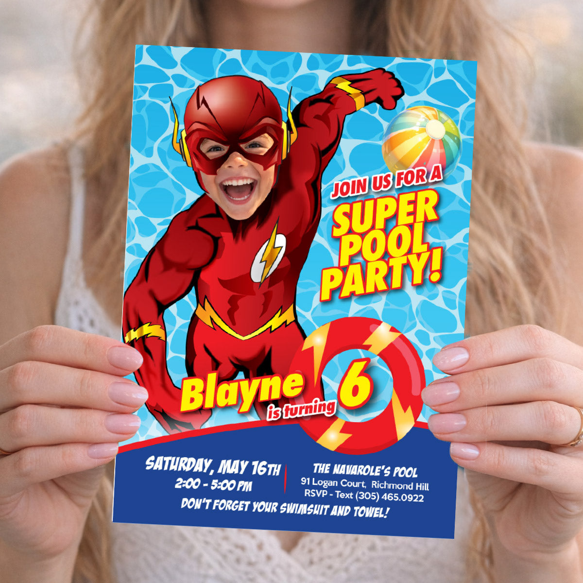 Custom Flash Pool Party birthday Invitation with kid as Flash, Flash Splash invitation. 2443IN