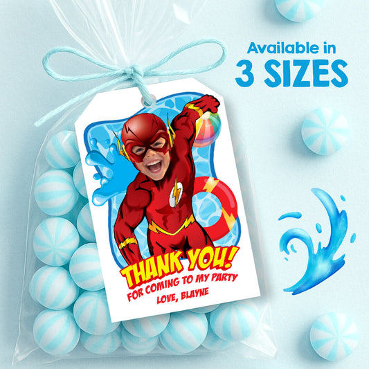 Personalized Flash Pool Party thank you and Favor Tags with child as The Flash. 2443TY2