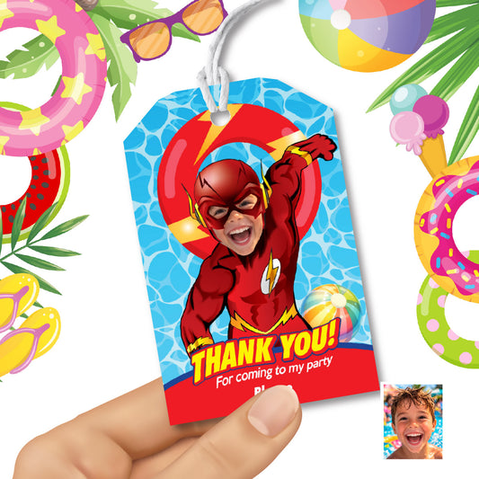 Unique Flash birthday thank you and Favor Tags for a Superhero Pool Party. 2443TY