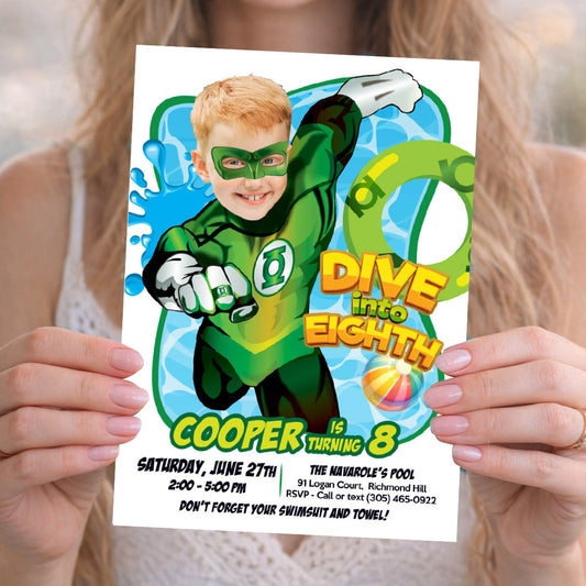 Green Lantern Dive into Age Pool Party Invitation Design with kid as favorite Superhero. 2444IN2