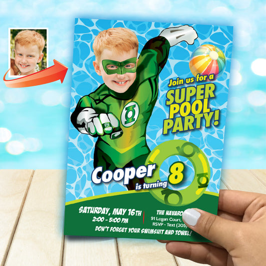 Custom Green Lantern Pool Party birthday Invitation with kid as Green Lantern. 2444IN