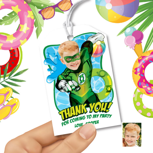 Pool Party Green Lantern thank you and Favor Tags with child as the superhero. 2444TY2