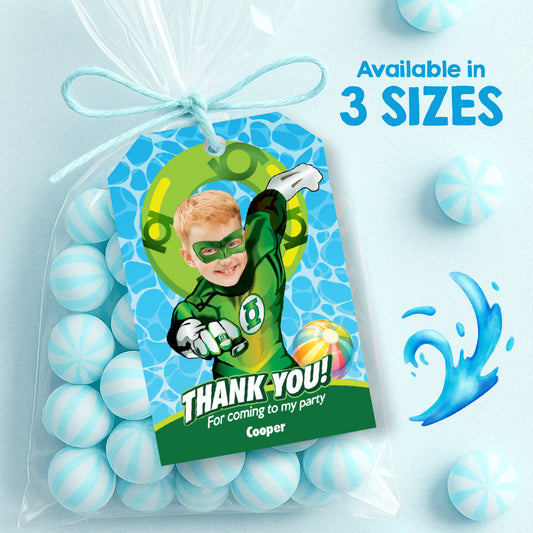 Unique Green Lantern birthday thank you and Favor Tags for a Superhero Pool Party. 2444TY