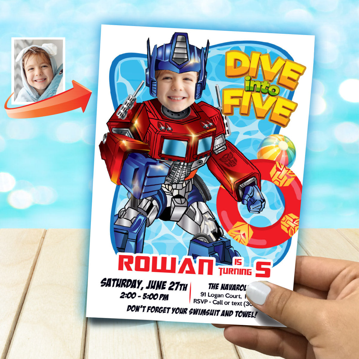 Optimus Prime Dive into Age Pool Party Invitation Design with kid as favorite Autobot. 2445IN2