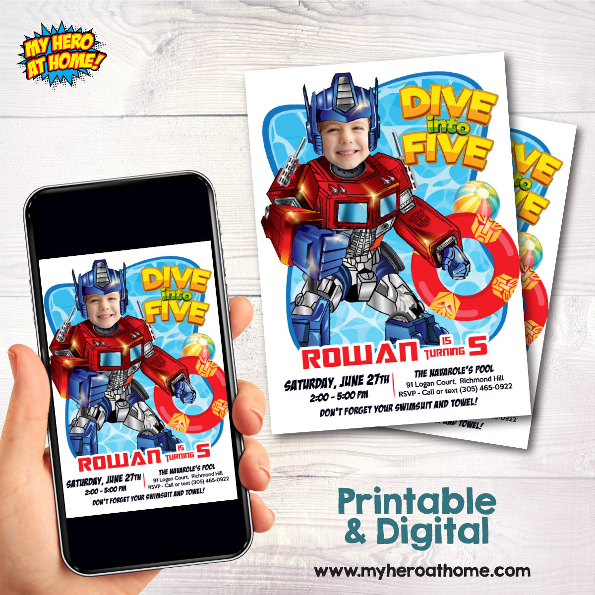 Optimus Prime Dive into Age Pool Party Invitation Design with kid as favorite Autobot. 2445IN2