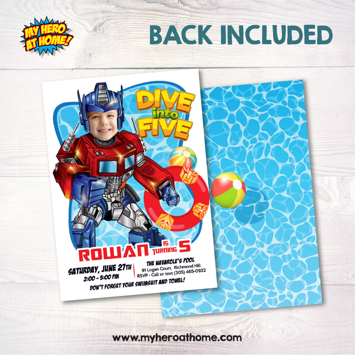 Optimus Prime Dive into Age Pool Party Invitation Design with kid as favorite Autobot. 2445IN2