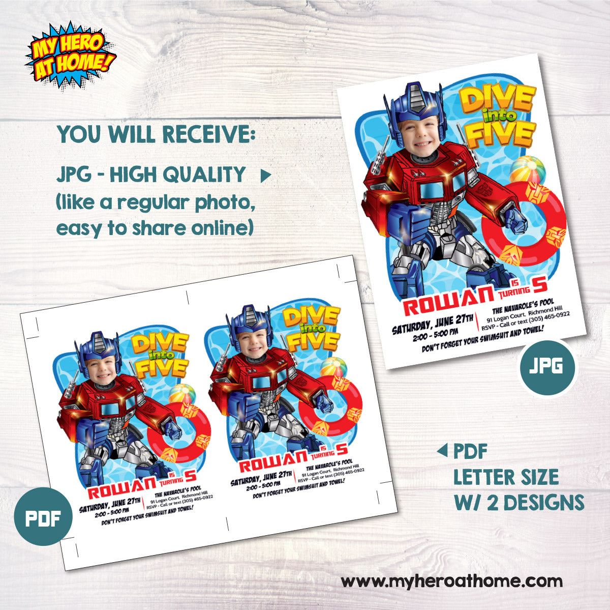 Optimus Prime Dive into Age Pool Party Invitation Design with kid as favorite Autobot. 2445IN2