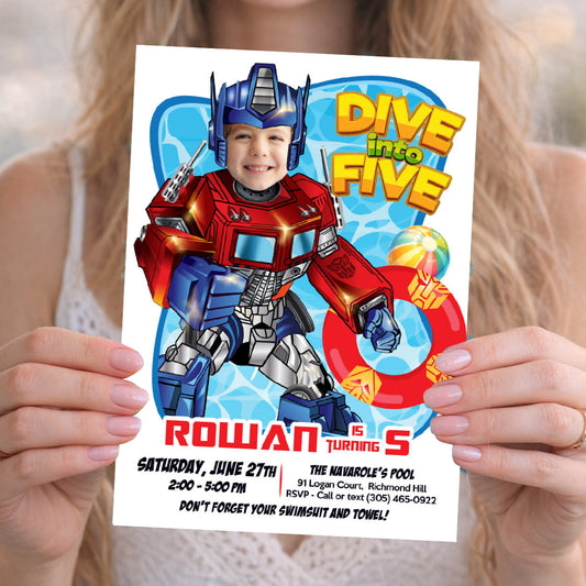 Optimus Prime Dive into Age Pool Party Invitation Design with kid as favorite Autobot. 2445IN2