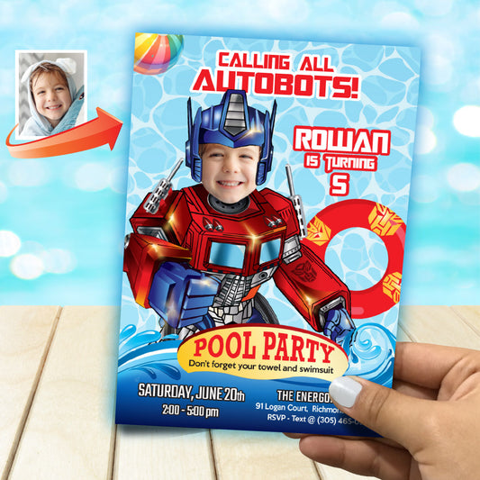 Custom Optimus Prime Pool Party birthday Invitation with kid as Optimus Prime. 2445IN
