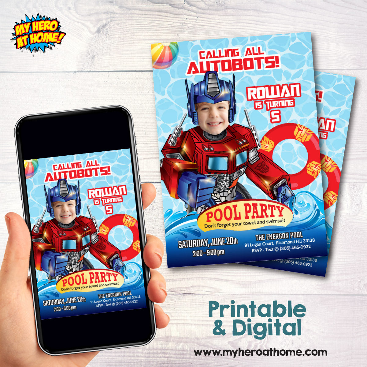 Custom Optimus Prime Pool Party birthday Invitation with kid as Optimus Prime. 2445IN