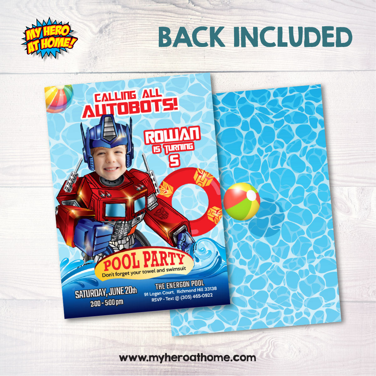Custom Optimus Prime Pool Party birthday Invitation with kid as Optimus Prime. 2445IN