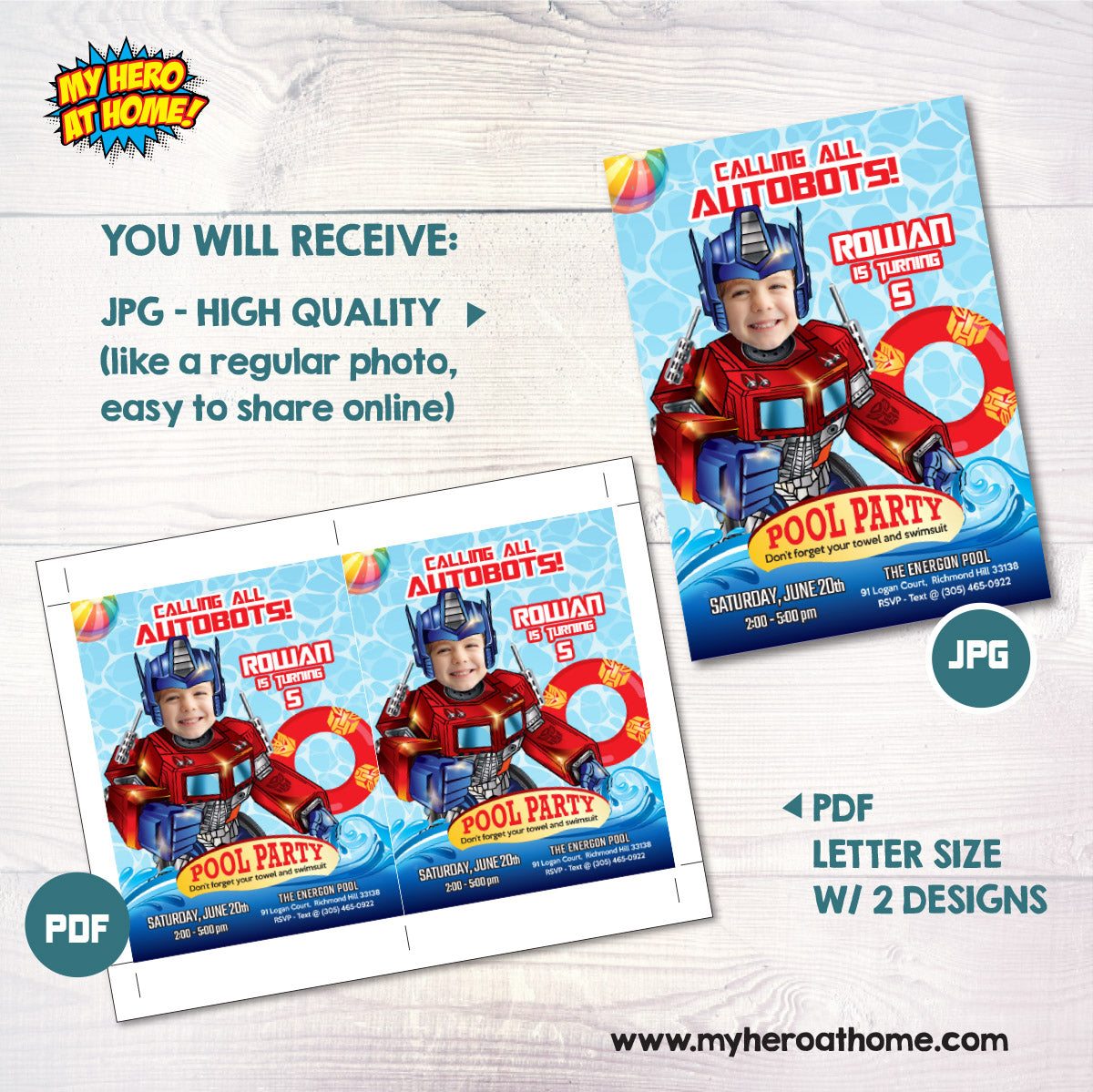 Custom Optimus Prime Pool Party birthday Invitation with kid as Optimus Prime. 2445IN