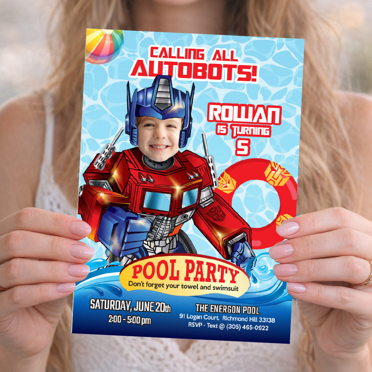 Custom Optimus Prime Pool Party birthday Invitation with kid as Optimus Prime. 2445IN