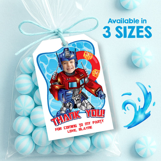 Pool Party Optimus Prime thank you and Favor Tags with child as the Autobot. 2445TY2
