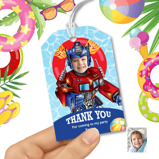 Unique Optimus Prime birthday thank you and Favor Tags for a Autobots Pool Party. 2445TY