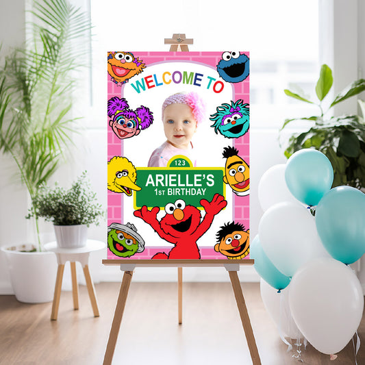 Pink Welcome Sign for a Sesame Street Birthday with Girl as the Star. 2447WS2B