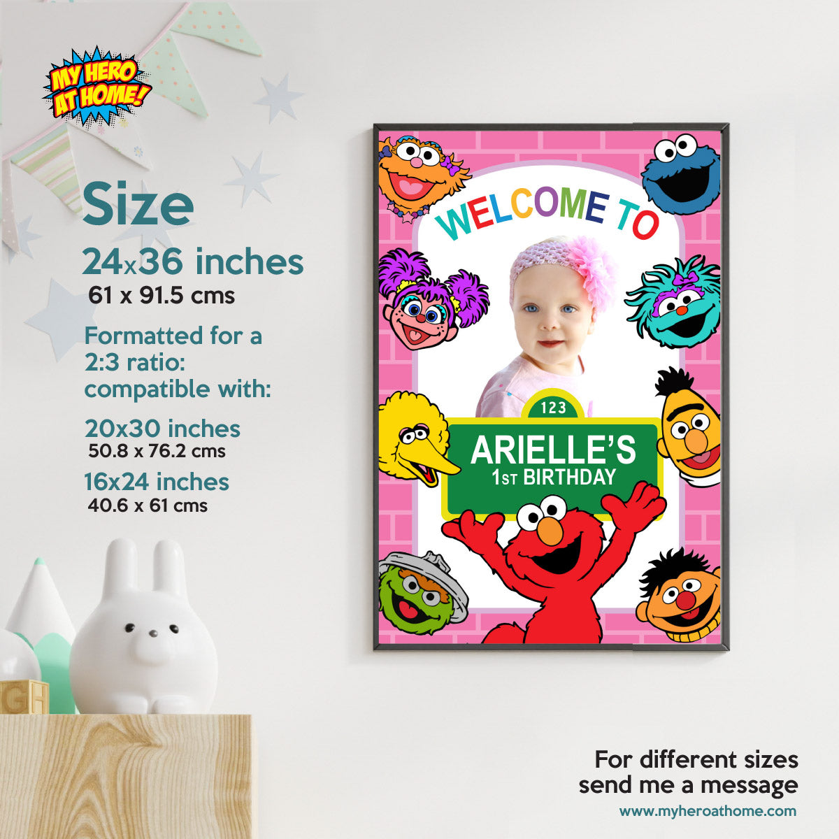 Pink Welcome Sign for a Sesame Street Birthday with Girl as the Star. 2447WS2B