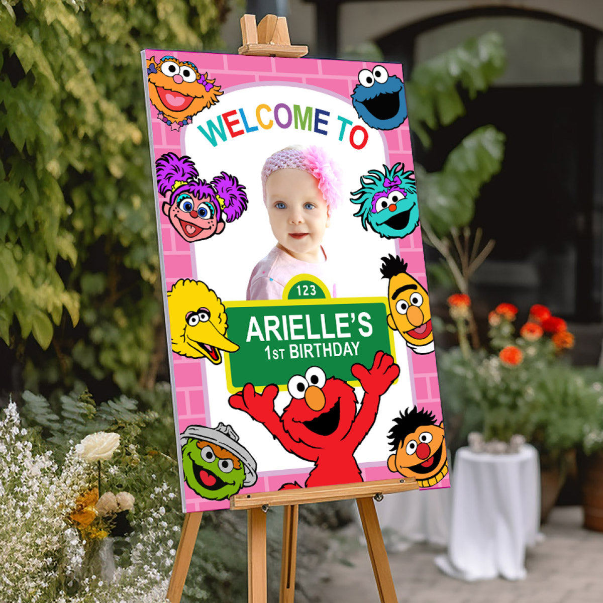 Pink Welcome Sign for a Sesame Street Birthday with Girl as the Star. 2447WS2B