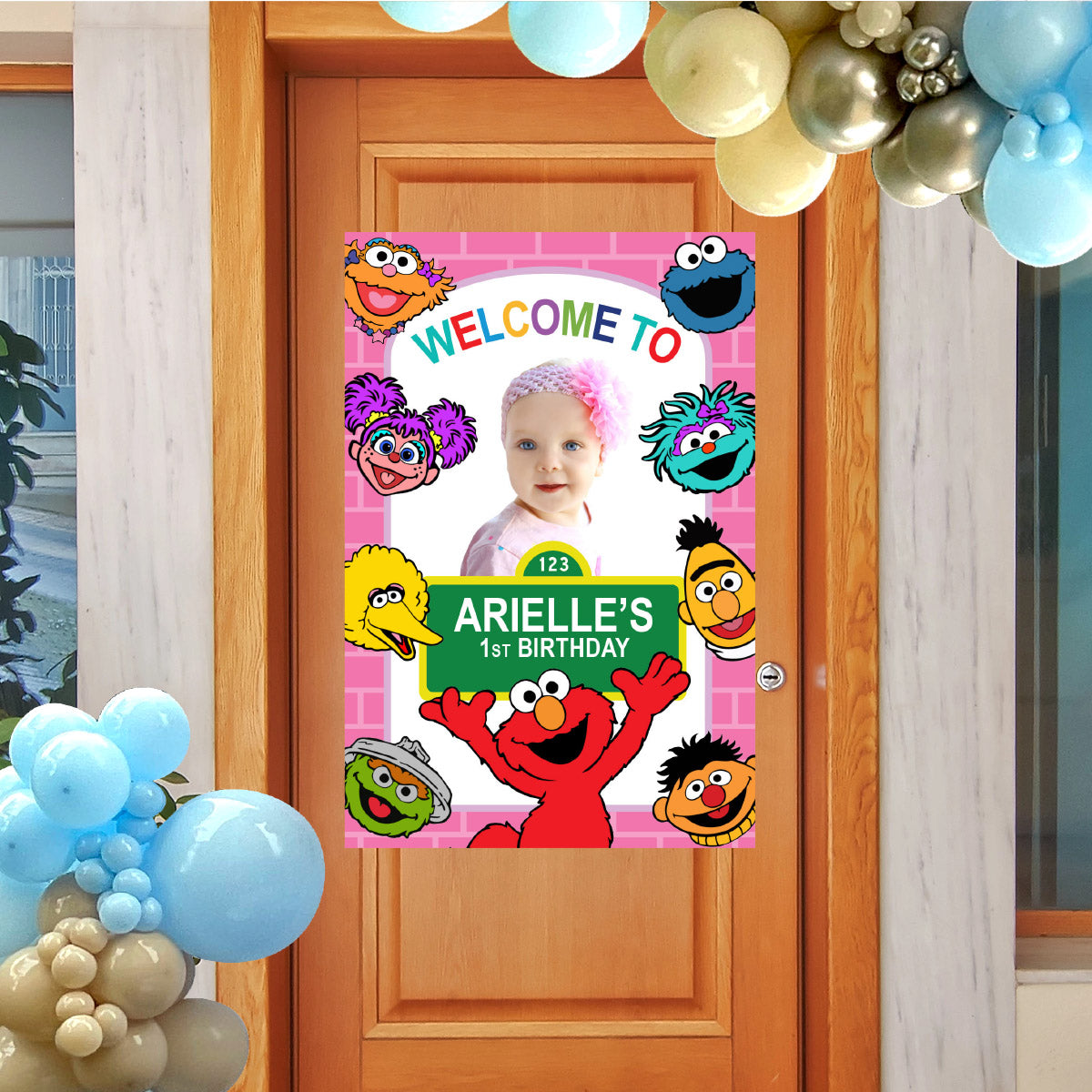 Pink Welcome Sign for a Sesame Street Birthday with Girl as the Star. 2447WS2B