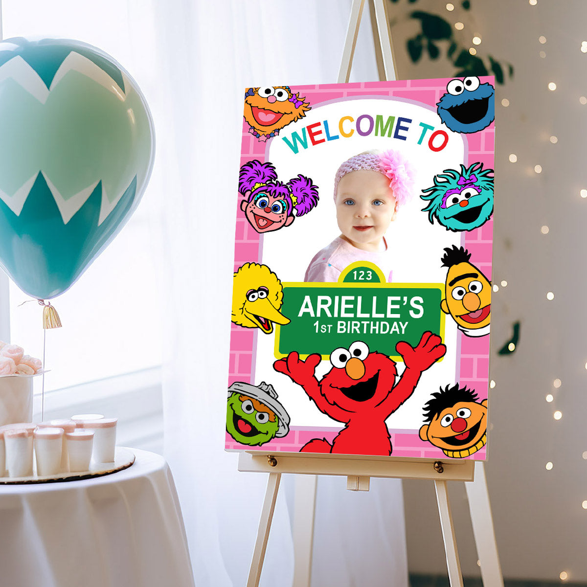 Pink Welcome Sign for a Sesame Street Birthday with Girl as the Star. 2447WS2B
