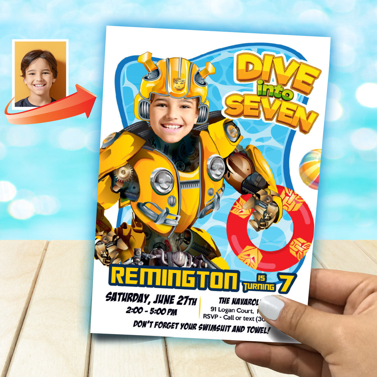 Bumblebee Dive into Age Pool Party Invitation Design with kid as favorite Autobot. 2450IN2