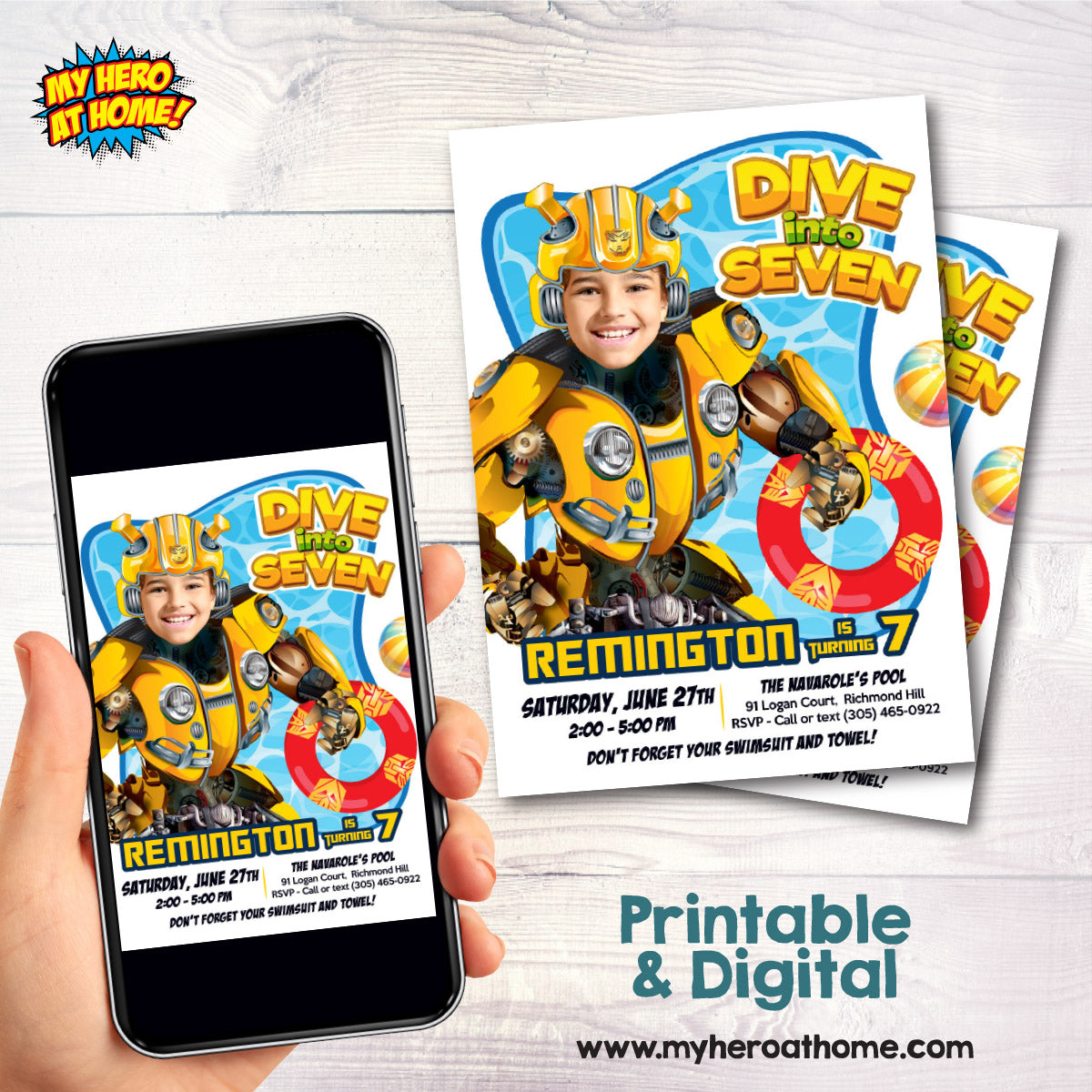 Bumblebee Dive into Age Pool Party Invitation Design with kid as favorite Autobot. 2450IN2