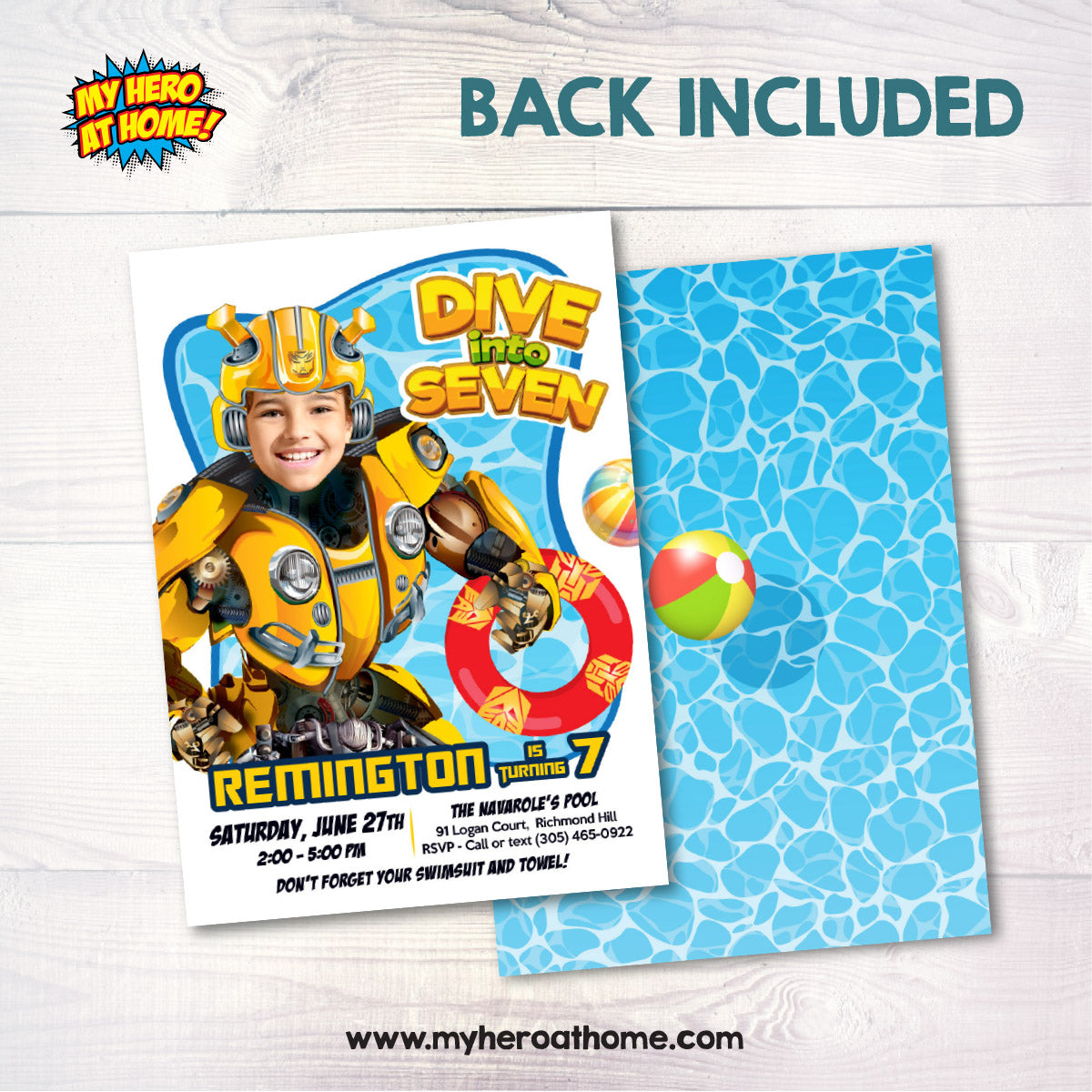 Bumblebee Dive into Age Pool Party Invitation Design with kid as favorite Autobot. 2450IN2