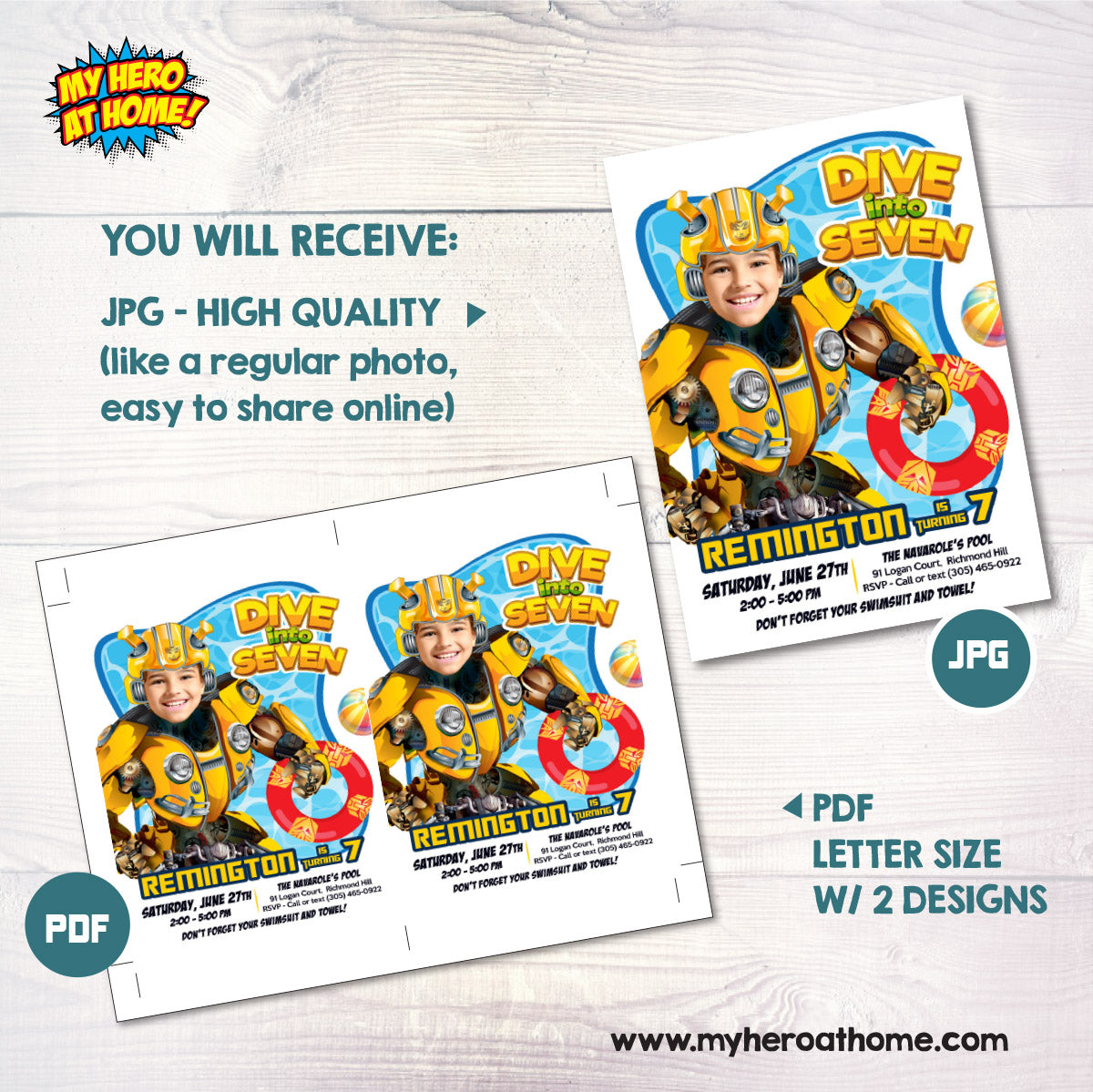 Bumblebee Dive into Age Pool Party Invitation Design with kid as favorite Autobot. 2450IN2