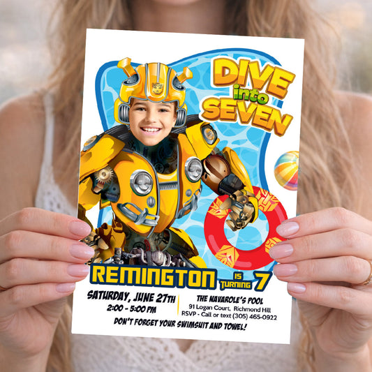 Bumblebee Dive into Age Pool Party Invitation Design with kid as favorite Autobot. 2450IN2