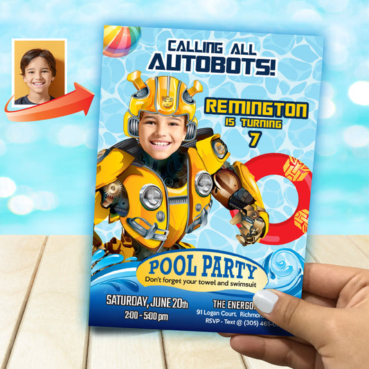 Custom Autobot Bumblebee Pool Party birthday Invitation with kid as Bumblebee. 2450IN