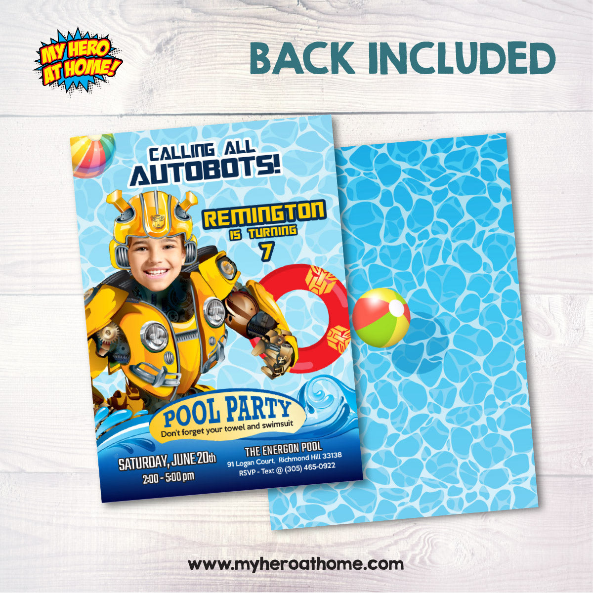 Custom Autobot Bumblebee Pool Party birthday Invitation with kid as Bumblebee. 2450IN