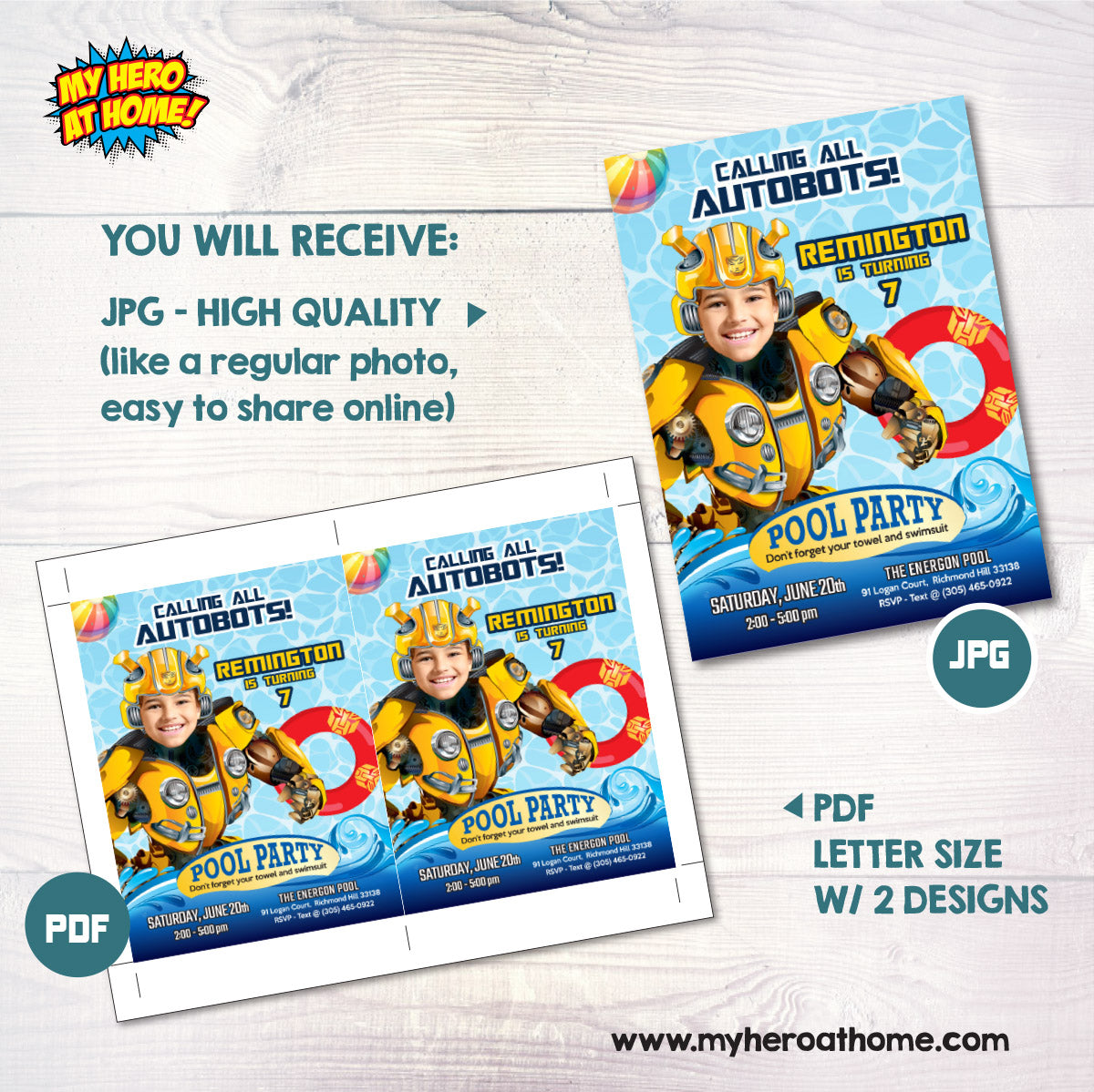 Custom Autobot Bumblebee Pool Party birthday Invitation with kid as Bumblebee. 2450IN