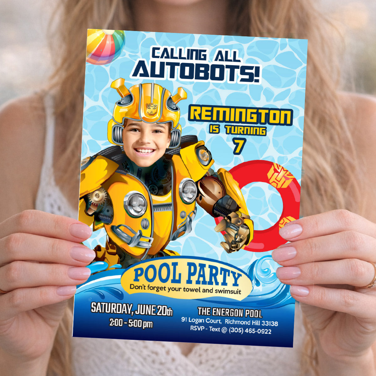 Custom Autobot Bumblebee Pool Party birthday Invitation with kid as Bumblebee. 2450IN