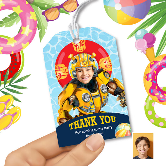 Unique Bumblebee birthday thank you and Favor Tags for a Autobot Pool Party. 2450TY