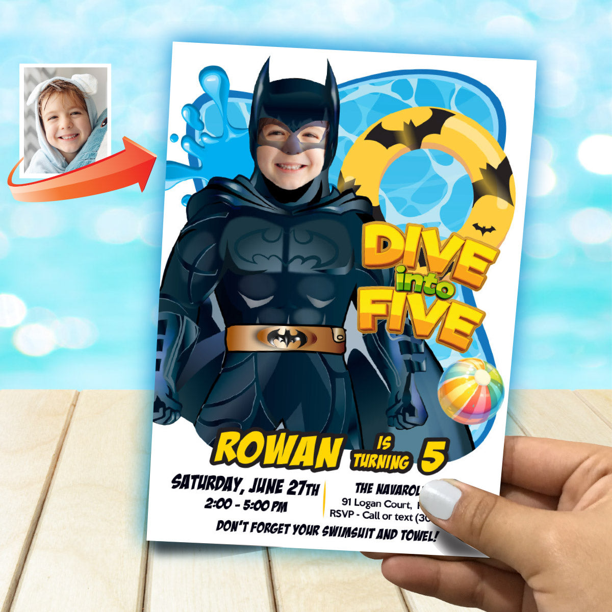 Batman Dive into Age Pool Party Invitation Design with kid as Batman, Batman Diving Party. 2451IN2