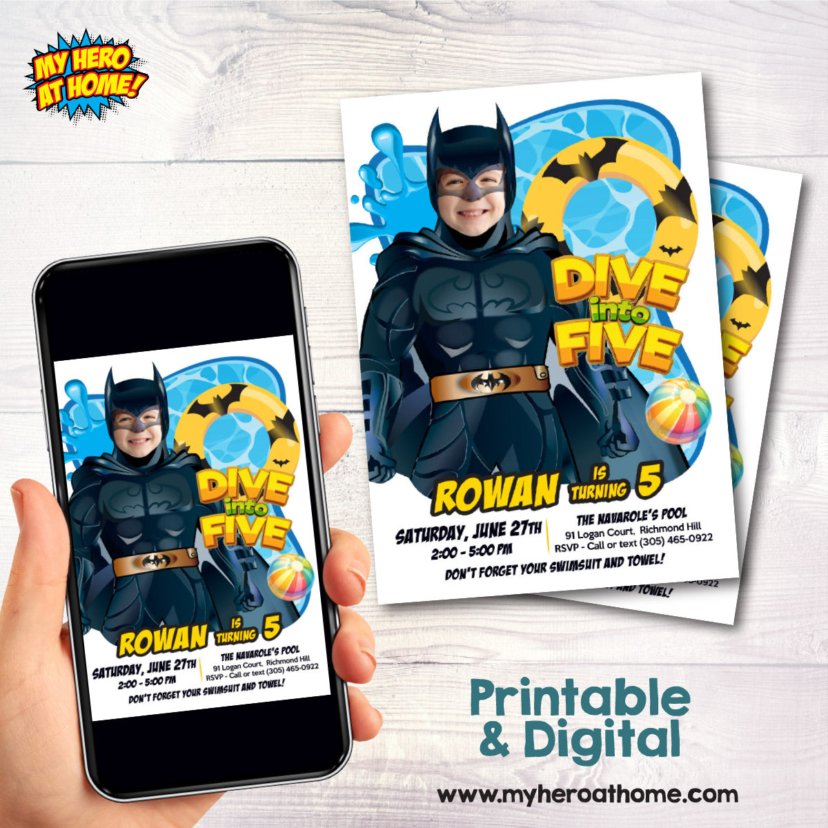Batman Dive into Age Pool Party Invitation Design with kid as Batman, Batman Diving Party. 2451IN2