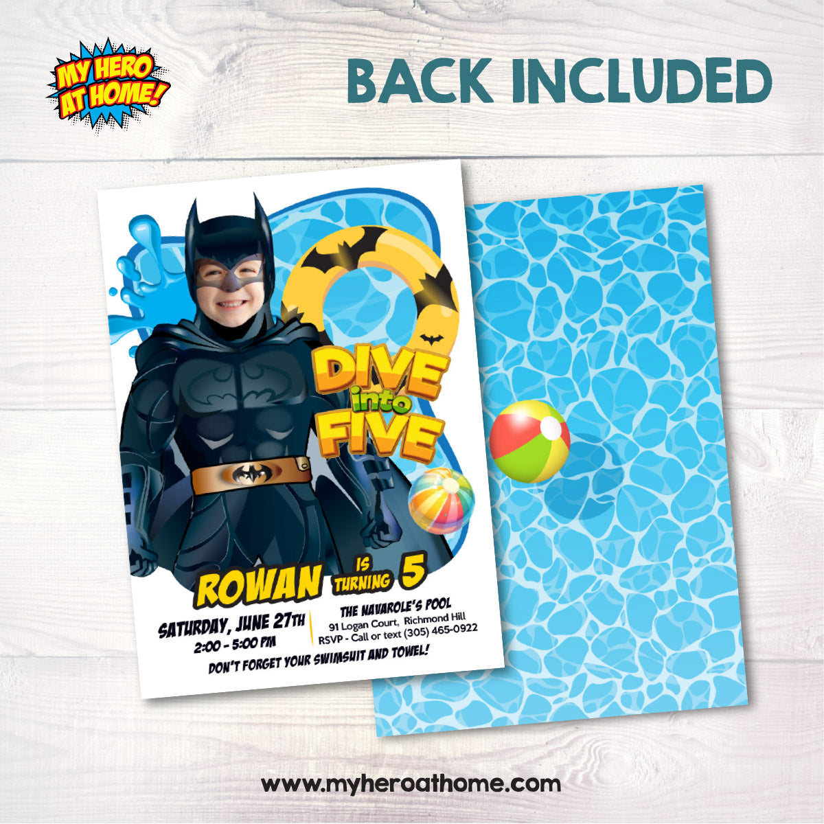 Batman Dive into Age Pool Party Invitation Design with kid as Batman, Batman Diving Party. 2451IN2