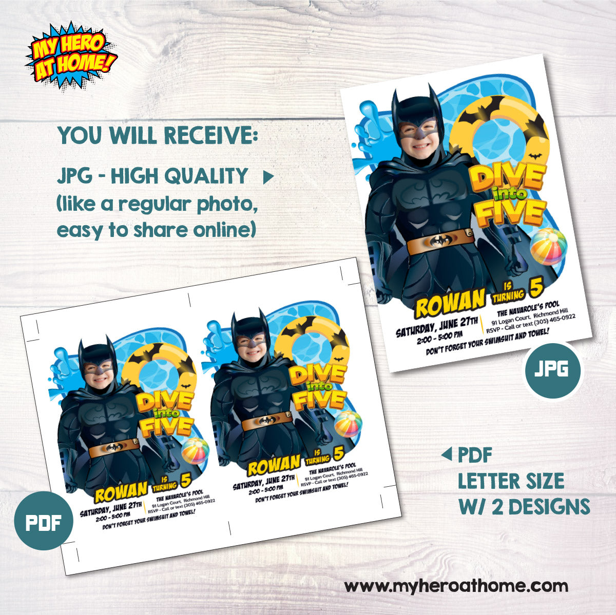 Batman Dive into Age Pool Party Invitation Design with kid as Batman, Batman Diving Party. 2451IN2