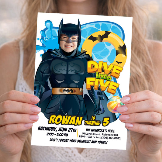 Batman Dive into Age Pool Party Invitation Design with kid as Batman, Batman Diving Party. 2451IN2