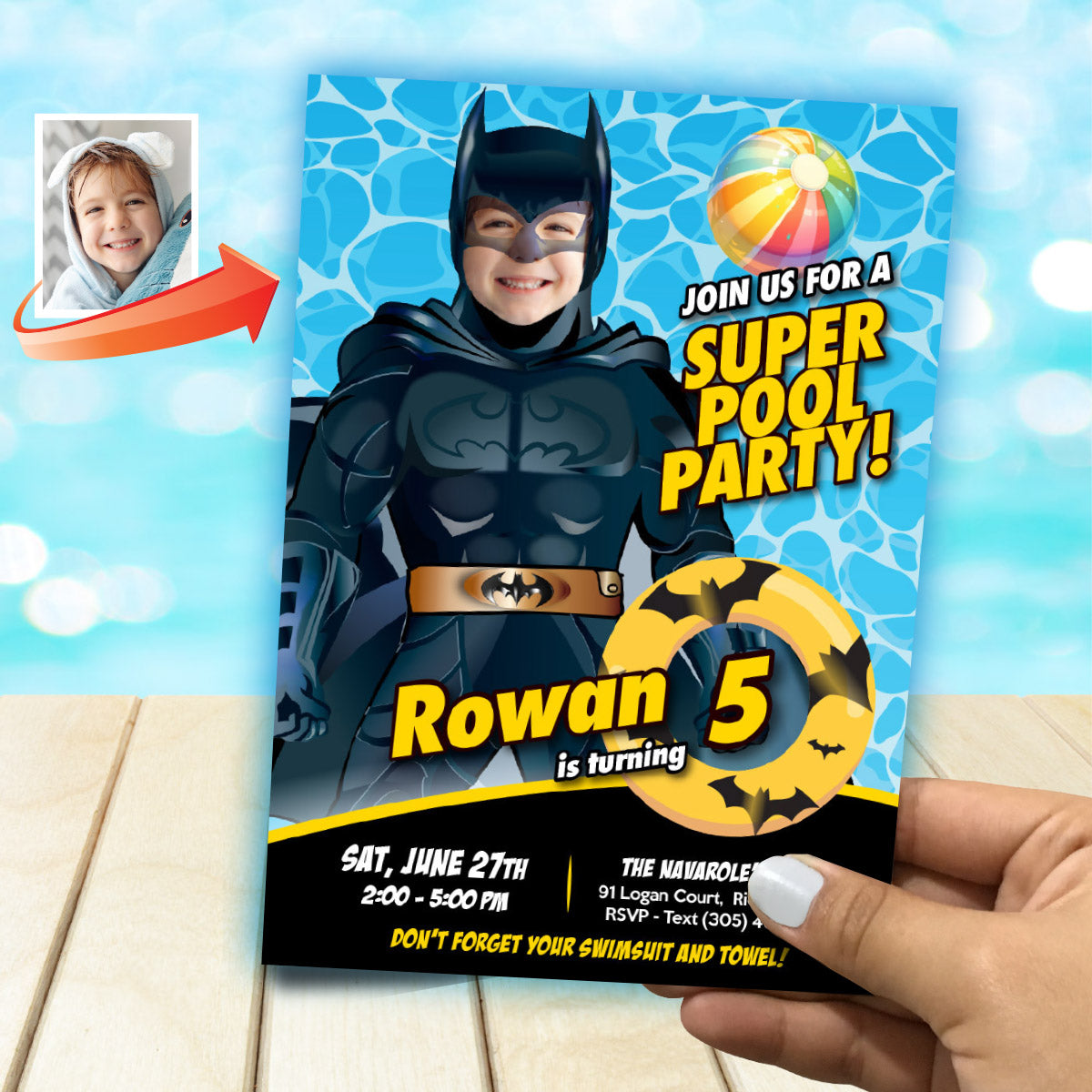 Custom Batman Pool Party birthday Invitation with kid as Batman, Batman Splash invite. 2451IN
