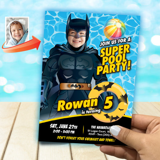 Custom Batman Pool Party birthday Invitation with kid as Batman, Batman Splash invite. 2451IN