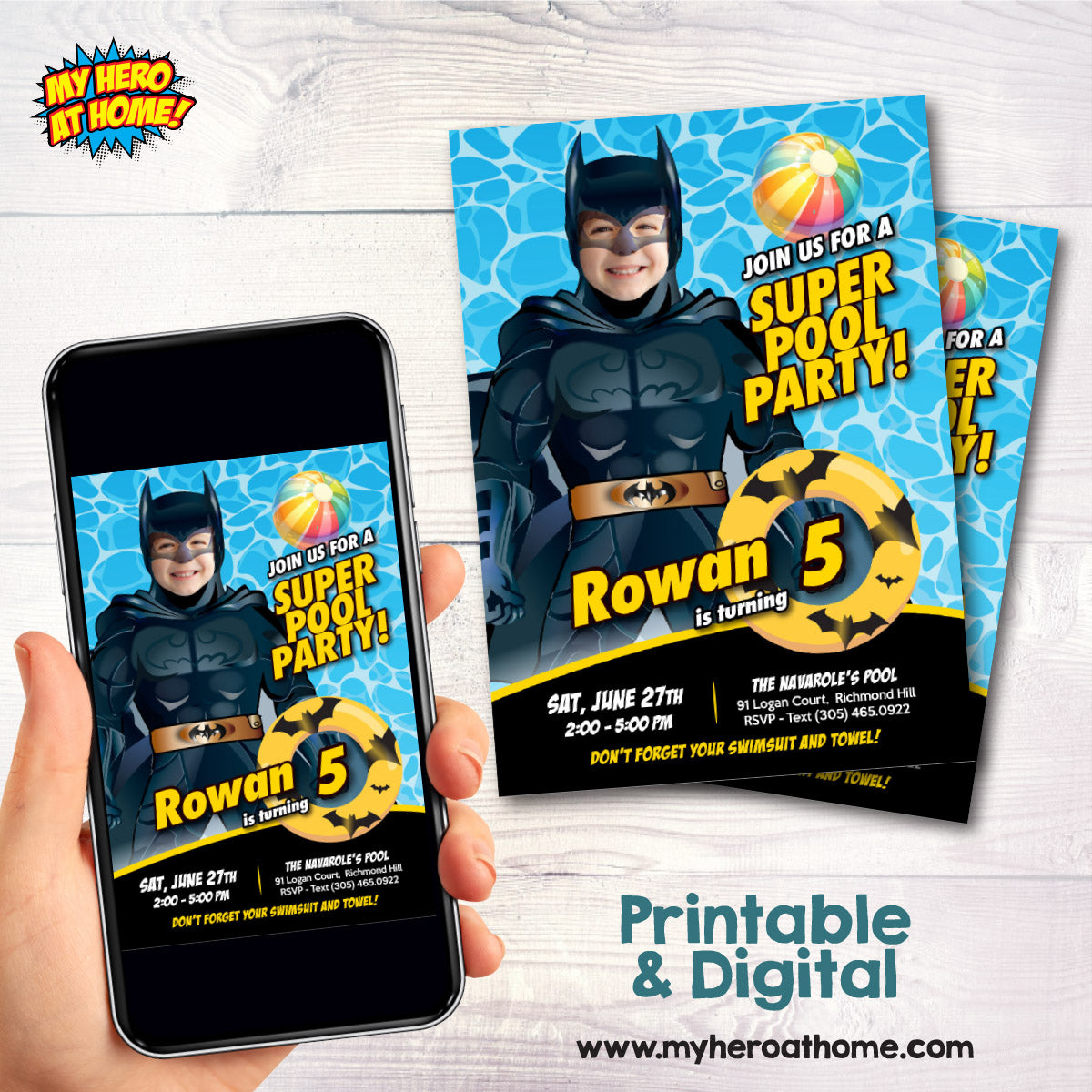 Custom Batman Pool Party birthday Invitation with kid as Batman, Batman Splash invite. 2451IN