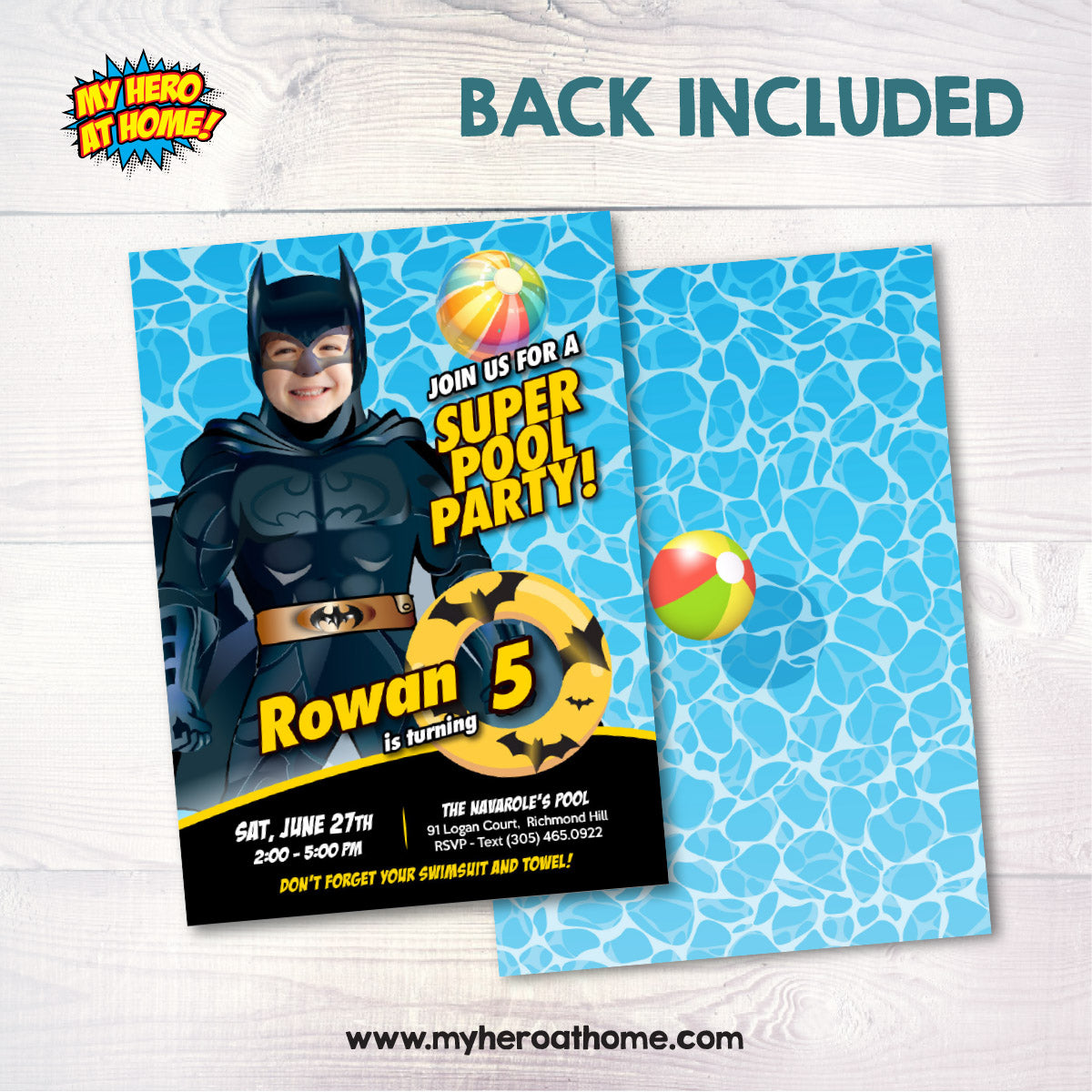 Custom Batman Pool Party birthday Invitation with kid as Batman, Batman Splash invite. 2451IN