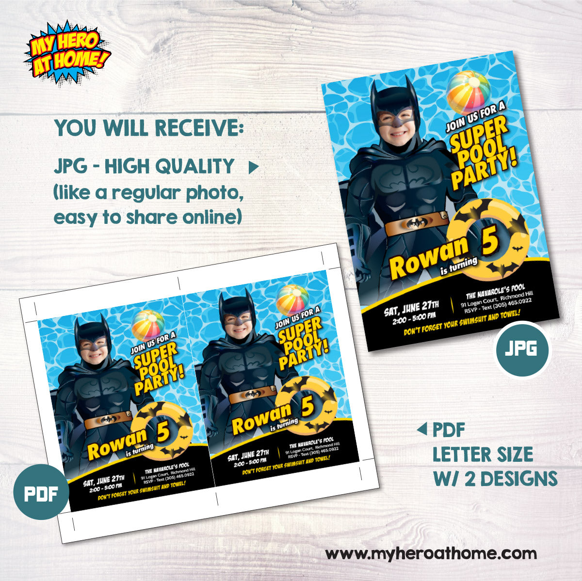Custom Batman Pool Party birthday Invitation with kid as Batman, Batman Splash invite. 2451IN